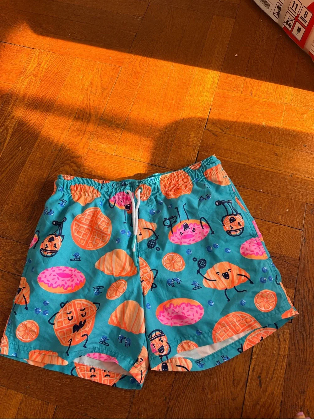 Kids' Swim Shorts Trio - Teal Fruit, Blue Check, Light Blue Pizza